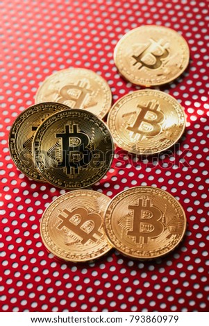 Golden bitcoin coin on white background. Red Aluminium Sheet Perforated.