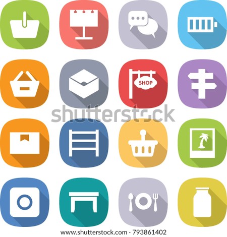 flat vector icon set - basket vector, billboard, discussion, battery, remove from, box, shop signboard, singlepost, package, rack, photo, ring button, table, fork spoon plate, bank