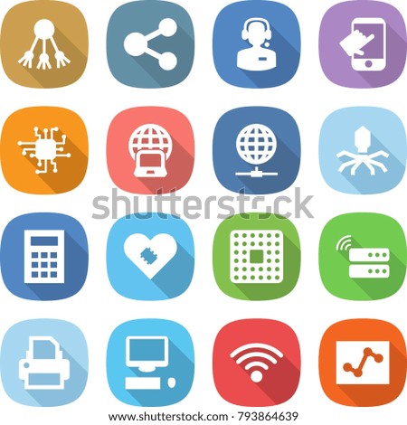 flat vector icon set - share vector, call center, touch, chip, notebook globe, connect, virus, calculator, pacemaker, cpu, server, printer, computer, wireless, analytics