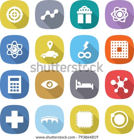 flat vector icon set - target vector, graph, gift, atom, car pointer, infinity power, cpu, calculator, eye, hospital bed, virus, cross, bridge, orbit