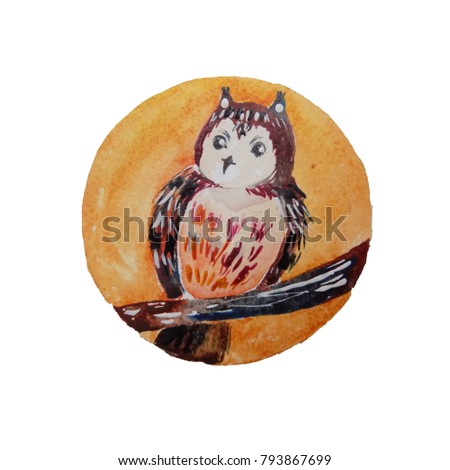 a brown owl on a branch. watercolor illustration of a forest