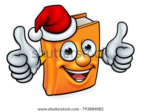 A cartoon Christmas book character mascot giving a double thumbs up and wearing a Santa hat