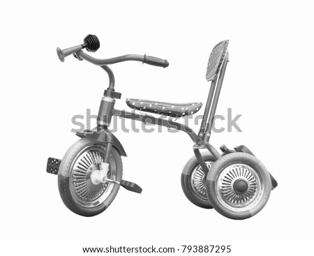 Monochrome three-wheeled baby bicycle insulated on white background