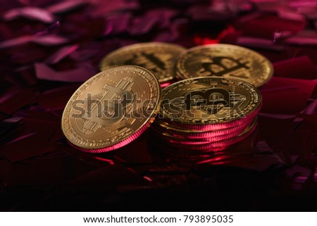 Golden bitcoin coin with Pink and Yellow confetti. Gorgeous Pink and Yellow.