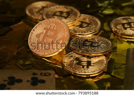 Golden bitcoin coin with Yellow confetti. Gorgeous Yellow.
