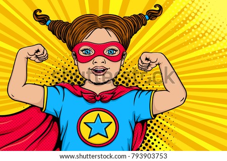 Wow child face. Cute surprised blonde little girl dressed like superhero with open mouth shows her power and strength. Vector illustration in retro pop art comic style. Kids party nvitation poster. Royalty-Free Stock Photo #793903753