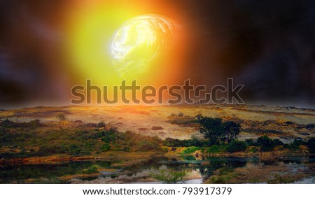 Space fiction, moonlight fantasy. Full moon (satellite) on another major planet like Earth, but much larger. Deserted alien planet and huge satellite, young moon as Jupiter with eddy atmosphere