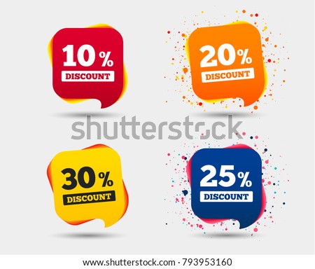 Sale discount icons. Special offer price signs. 10, 20, 25 and 30 percent off reduction symbols. Speech bubbles or chat symbols. Colored elements. Vector Royalty-Free Stock Photo #793953160
