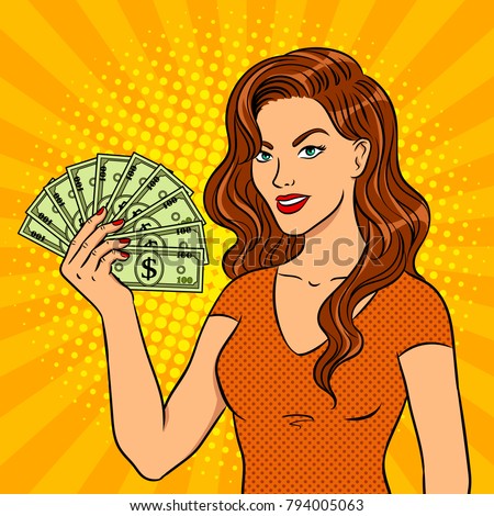 Young woman with cash dollars pop art retro raster illustration. Color background. Comic book style imitation.
