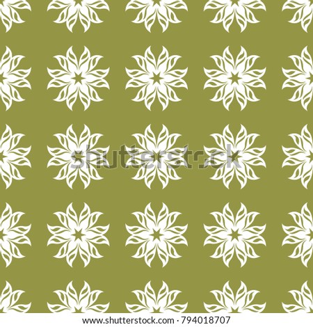 White floral ornament on olive green background. Seamless pattern for textile and wallpapers