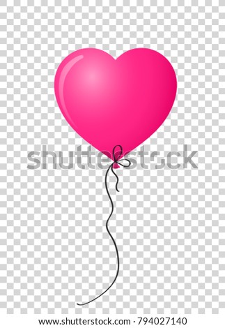 Vibrant pink realistic heart shaped helium balloon isolated on transparent background. Vector illustration, clip art, element for design.