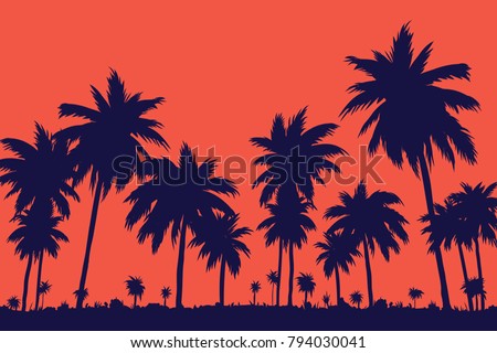 Evening on the beach with palm trees. An evening on the beach with palm trees. Colorful painting for rest. Dark palm trees at sunset. Orange sunset in the blue sky. The island with palm trees. Summer 