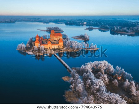 Trakai castle at winter, aerial view above castle