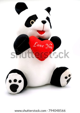 Panda doll and red heart “love you”  isolated on white background .