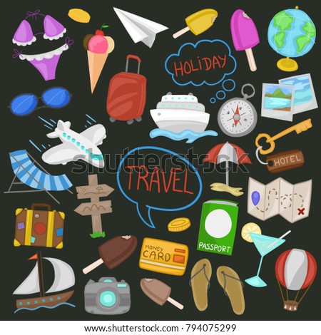 Vacation Holidays Summer Beach Tourism Color Isolated Doodle Icons Hand Made Clip Art
