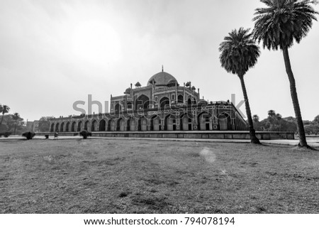 Panoramic views of the first garden-tomb on the Indian subcontinent. The Humayun's Tomb is an excellent example of Persian architecture. Located in the Nizamuddin East area of Delhi, India, Asia. Royalty-Free Stock Photo #794078194