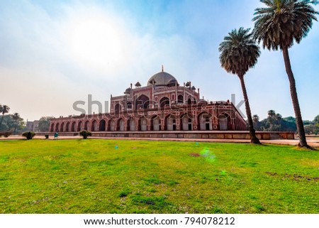 Panoramic views of the first garden-tomb on the Indian subcontinent. The Humayun's Tomb is an excellent example of Persian architecture. Located in the Nizamuddin East area of Delhi, India, Asia. Royalty-Free Stock Photo #794078212