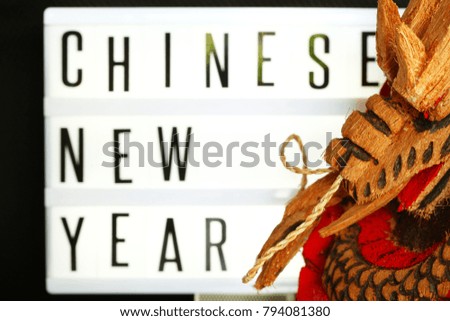 Pieces of transparent english text arrange on illuminated lightbox represent chinene new year concept background scene.