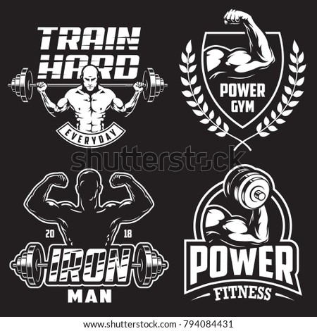 Set of monochrome bodybuilding emblems with male silhouettas and sport equipment in white colour. Vector illustration