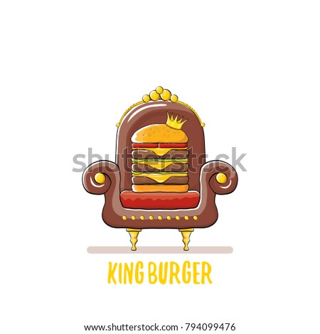 vector cartoon royal king burger with cheese and golden crown sitting on the brown throne isolated on white. burger, hamburger, cheeseburger label design element. burger house logo menu concept