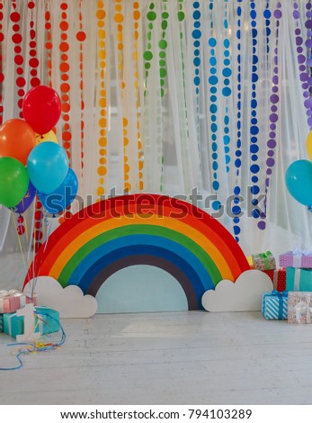 decor for birthday / rainbow, balloons, gifts, clouds