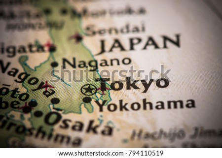 Closeup of Tokyo, Japan on a world map.