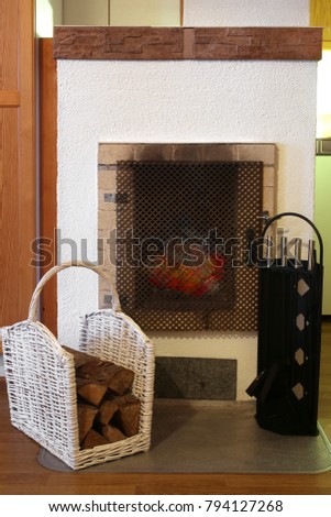 Burning fireplace in cottage, a vertical picture
