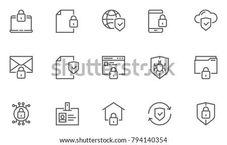 Protection and Security Vector Line Icons Set. Business Data Protection Technology, Cyber Security, Computer Network Protection. Editable Stroke. 48x48 Pixel Perfect. Royalty-Free Stock Photo #794140354