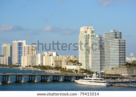 The skyline of Miami, Florida with Star Island.