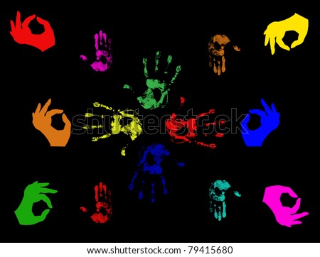 Set of colorful hand prints  isolated on black