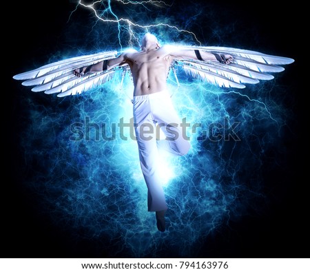 A man with wings on electricity light background. Design for cover book, poster Royalty-Free Stock Photo #794163976
