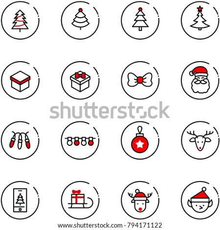 line vector icon set - christmas tree vector, gift, bow, santa claus, garland, ball, deer, mobile, sleigh, hat, elf