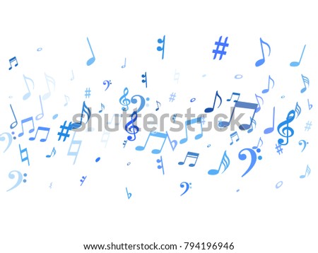 Blue flying musical notes isolated on white background. Stylish musical notation symphony signs, notes for sound and tune music. Vector symbols for melody recording, prints and back layers.