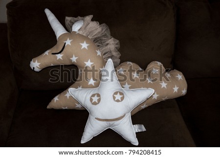 decorative pillows, unicorn, star and cloud, made of white and beige fabric with tulle - perfect gift