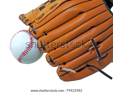 A baseball near a baseball glove over white background