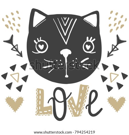 Kawaii Cat vector,T-shirt Print, so cute ,Valentine's Day, animal drawing, Children illustration. Separate Objects, Romantic hand drawing poster. Cartoon doodle character. Love, hearts, arrows