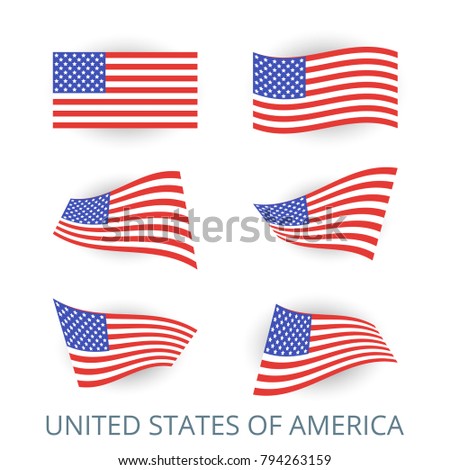 Set of icons of the flag of United States of America. A collection of various images of the country's flags. Vector illustration.