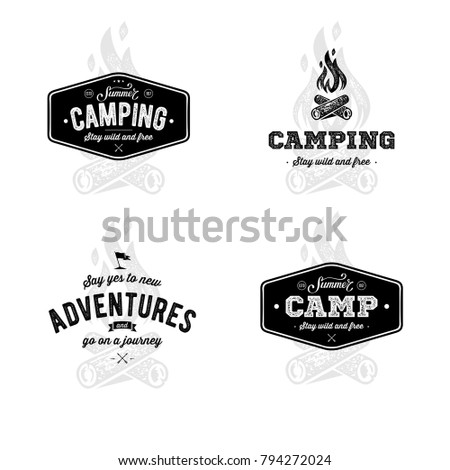 Set of vintage camping and adventure emblems, logos and badges. Vector illustration