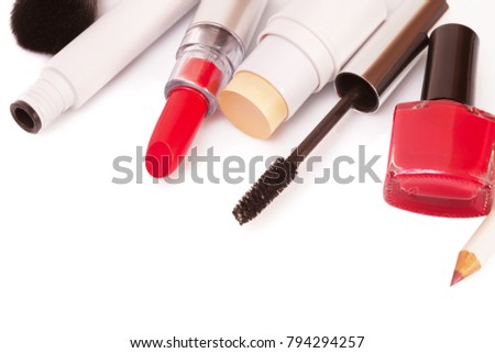 Cosmetics makeup on a white background, top view