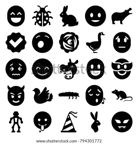 Cute icons. set of 25 editable filled cute icons such as rabbit, hippopotamus, mouse, tick, smiling emot, yawn emot, emoji showing tongue, ladybug, caterpillar, robot, bird