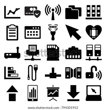 Data icons. set of 25 editable filled data icons such as pointer, binder, chart, graph, arrow up, bar code scanner, laptop, download, network connection, router, phone cable