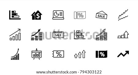 Sales icons. set of 18 editable filled and outline sales icons: money growth, graph, dolar growth, ticket on sale, sale, sale tag, chart
