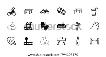 Lifestyle icons. set of 18 editable filled and outline lifestyle icons: sofa, family bicycle, swimming pool, boxing gloves, lottery, casino girl, bottle, skipping rope
