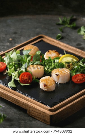 Fried scallops with lemon, cherry tomatoes and green salad served on wooden black slate serving board over old dark metal background. Close up