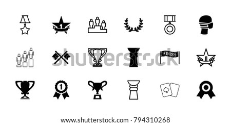 Winner icons. set of 18 editable filled and outline winner icons: medal, medical mask, trophy, 1st place star, olive wreath, number 1 medal, crossed flags, ranking, finish