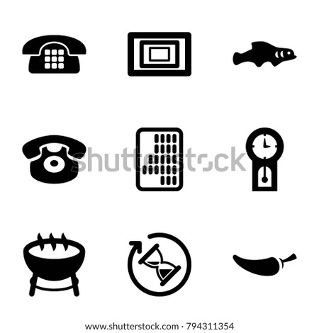 Vintage icons. set of 9 editable filled vintage icons such as barbecue, pepper, desk phone, photo, hourglass, pendulum, extinct fish