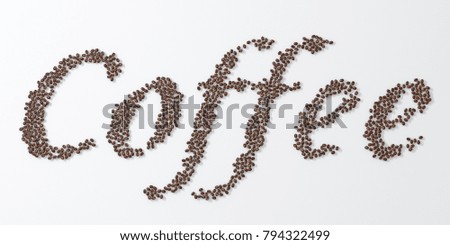 Coffee beans on white background in form of word of "coffee". Include clipping path. 3d illustration