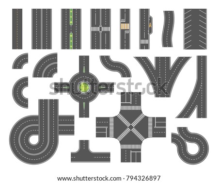 Road map toolkit - set of modern vector city elements isolated on white background for creating your own images. Crossroads, pedestrian zones, traffic circle, car parking, twist. Top view position