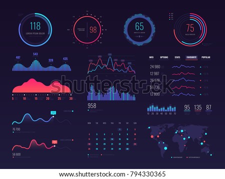 Intelligent technology hud vector interface. Network management data screen with charts and diagrams. Interface screen with colored infographic digital illustration