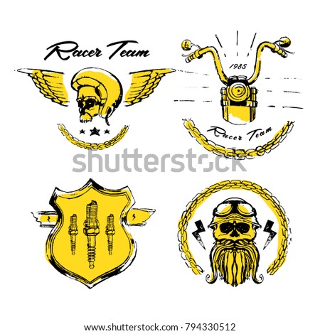 Moto biker theme, icon, logo or sticker set. Cafe racer. Golden, white background. 